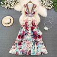 thumbnail image 1 of Mujeres Moda Vintage Elegante Mosca Mangas Cuello En V Delgado Solo Pecho Impresión Una Línea Vestido Verano Cintura Alta Fiesta Vacaciones Vestidos Bohemios, 1 of 3