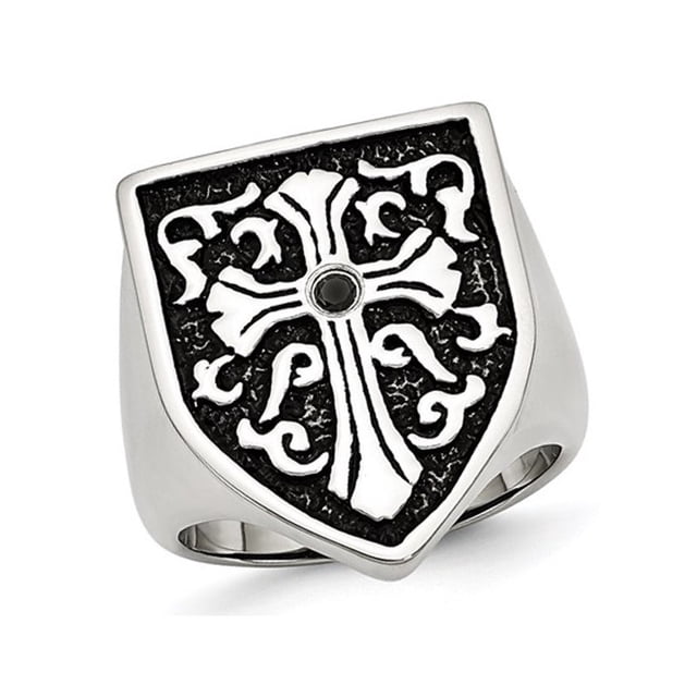 Mens Cross Antiqued Shield Stainless Steel Ring with Black Diamond