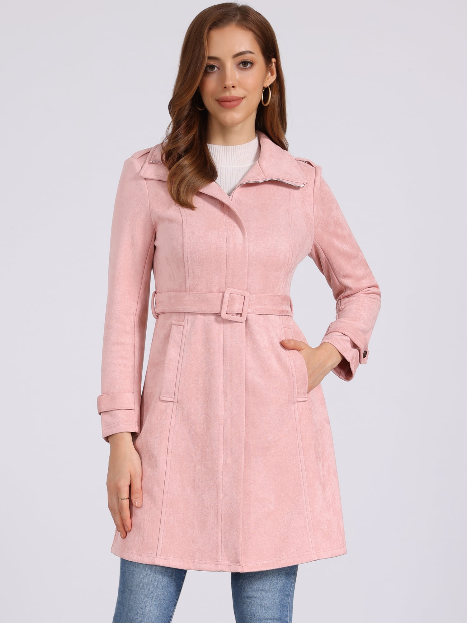 DARING DIVA Women's Faux Suede Coat Belted Zipper Jacket for Stylish Wear L Pink