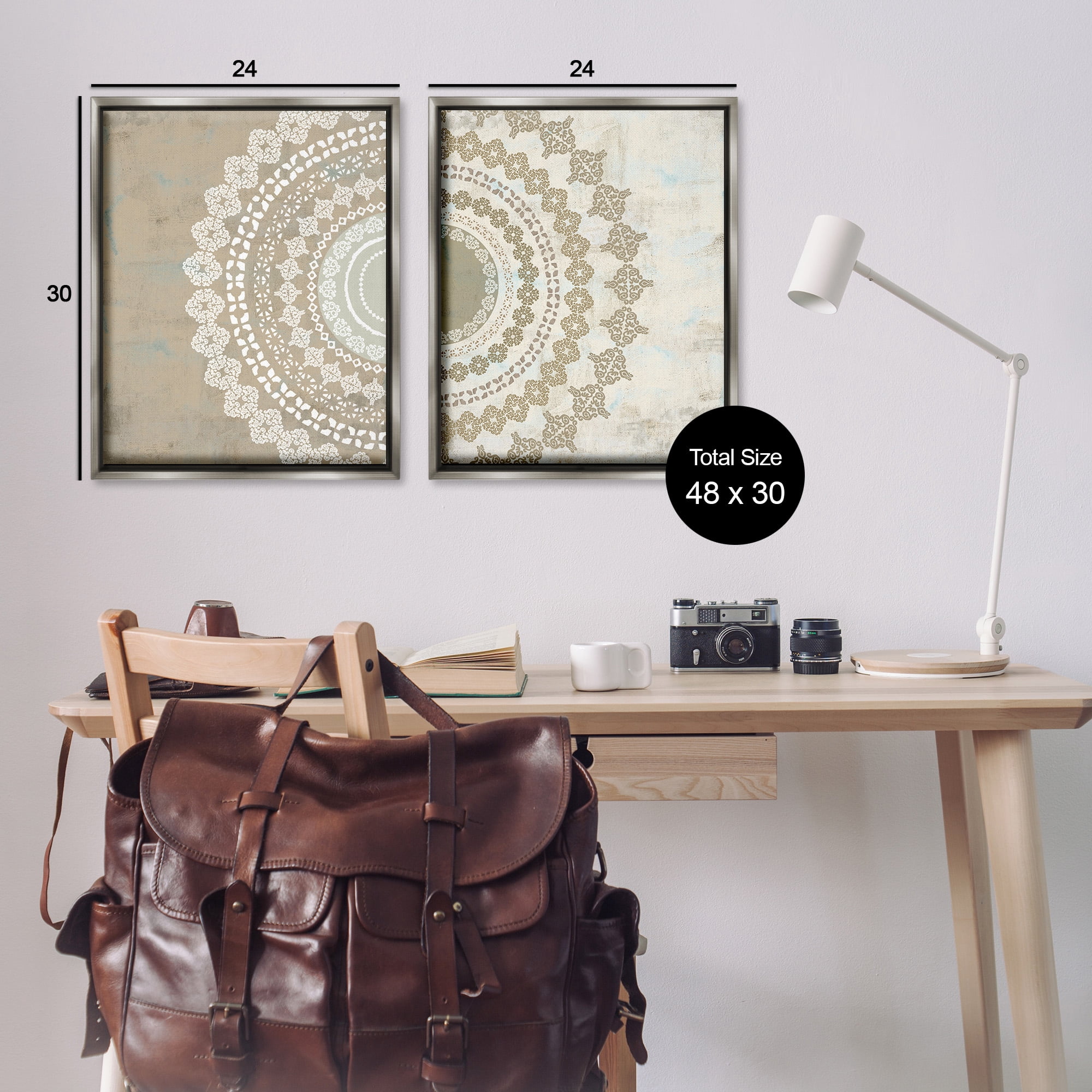 Stupell Industries Rustic Mandala Boho Pattern Abstract Painting Gray Floater Framed Canvas Art Print Wall Art, 25 x 31, Set of 2