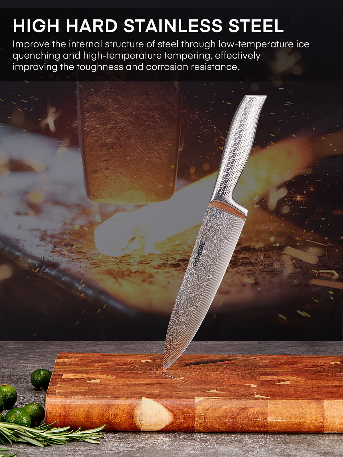 FOHERE 7-Piece Kitchen Knife Set with Sharpener, Unique Waved Pattern & Stainless Steel Handle