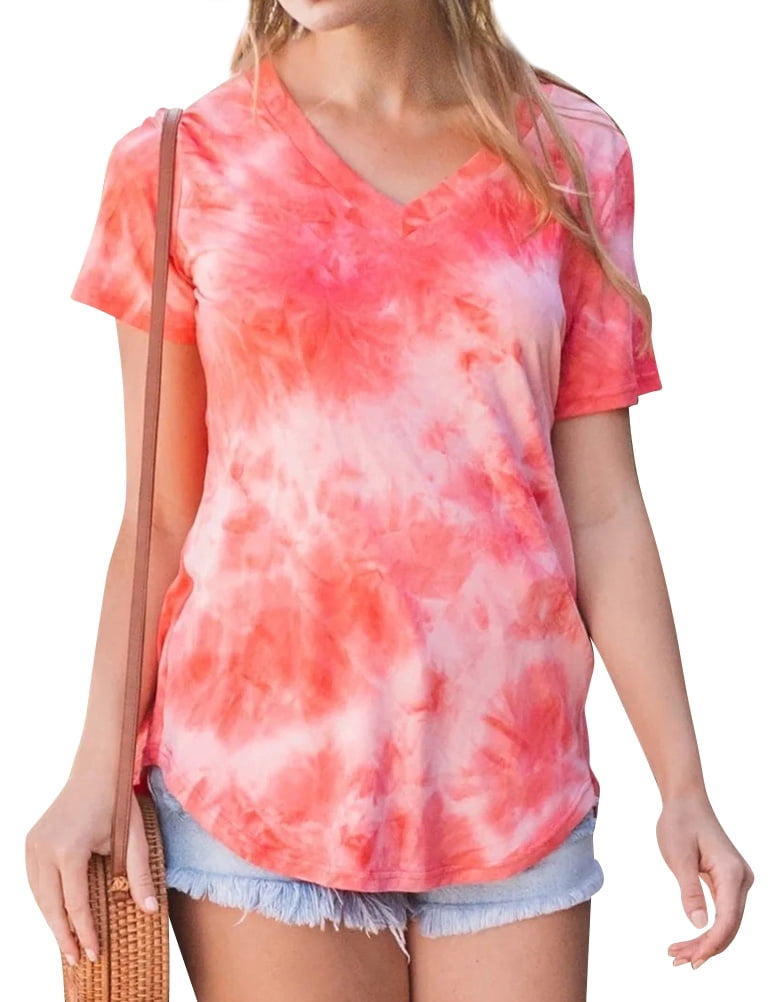 Women's Tie Dye V Neck Short Sleeve Loose Tee Shirt
