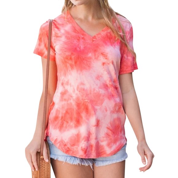 Women's Tie Dye V Neck Short Sleeve Loose Tee Shirt