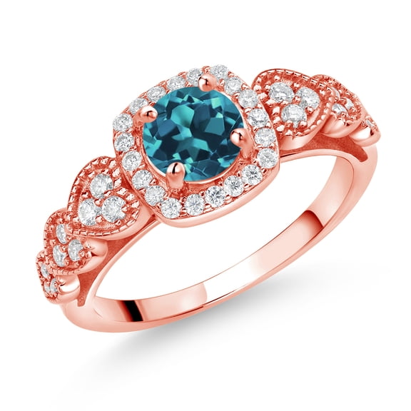 Gem Stone King 18K Rose Gold Plated Silver London Blue Topaz and White Moissanite Engagement Ring for Women (1.48 Cttw, Round 6MM, Gemstone November Birthstone, Size 5)