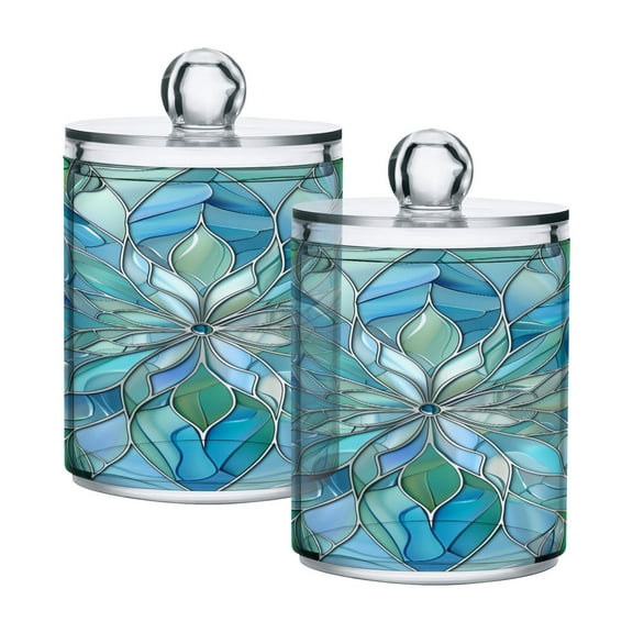 2 Pack Blue Green Floral Stained Glass Qtip Holder Dispenser Clear Plastic Storage Apothecary Jars for Cotton Swabs Balls Pads Floss