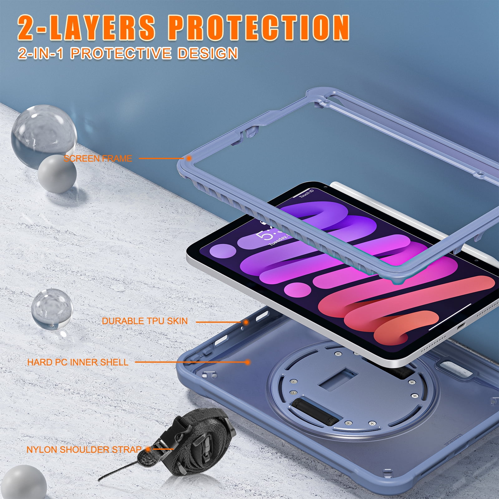 Shockproof Case for Apple iPad mini 6/7, iPad mini 6th 7th Gen Cover, 360 Rotating Stand Translucent Back Cover Shockproof Adjustable Shoulder Strap Kids Friendly with Pencil Holder, Grey