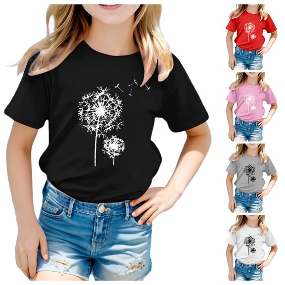 Gerichy Girls Summer Tops Trendy Short Sleeve T-Shirt Kid Girls Cute Graphic Round Neck Short Sleeve Tee Casual T Shirt Spring Clothes Cute Casual Crewneck Graphic Tees