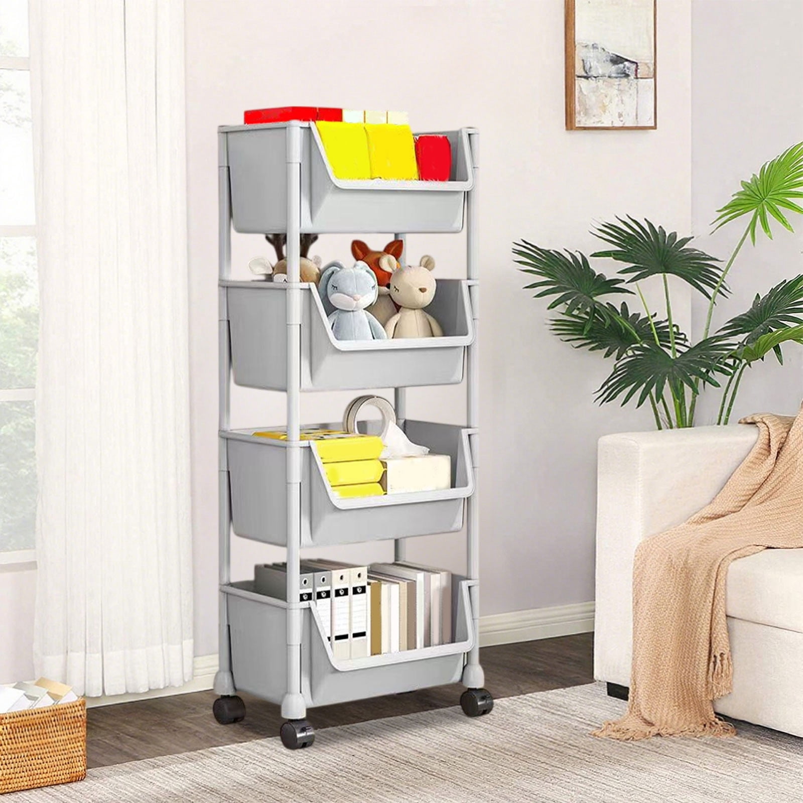 Mobile Under Desk Storage Cart, Rolling Desk Organizer, Multi-Tier Plastic Storage Shelf, Dormitory Bookcase, Multi-Functional Stationery Storage Rack for Home Office, Gray