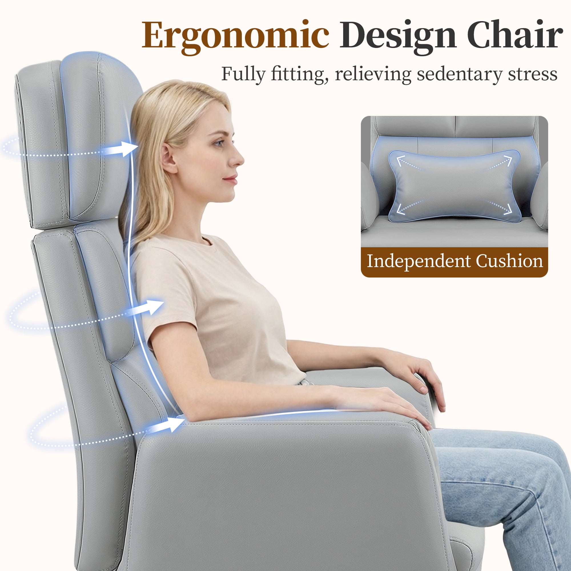 COOLHUT Big and Tall Office Chair 500LBS, Wide Seat Executive Office Desk Chair with Adjuatable Armrests and Headrest, PU Leather Hight Back Computer Chair with Footrest and Lumbar Suppor, Light Gray