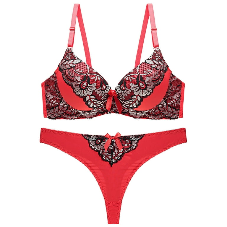 RYRJJ Lingerie Set for Women Sexy Exotic 2 Piece Lace Babydoll Sexy Floral  V Neck Push Up Bra and Panty Sets(Red,XXL) 