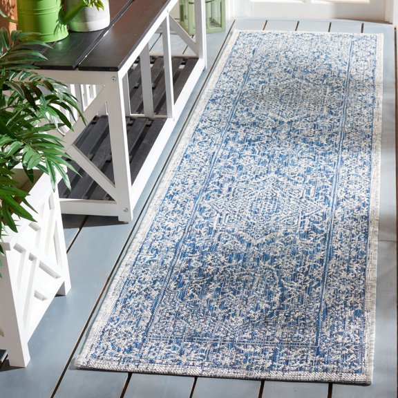 SAFAVIEH Courtyard Joey Medallion Indoor/Outdoor Runner Rug, Light Grey/Navy, 2'3" x 8'