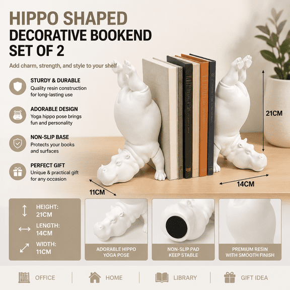 Hippo Bookend, Heavy Duty Resin Acrobatic Animal Book Stop with Modern Sculptural Design for Bookshelf, Office, Study and Home Decor,B#White