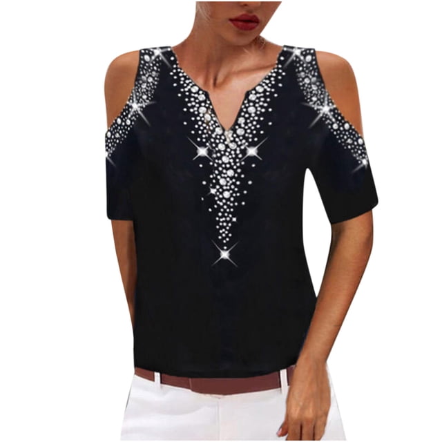 Bigersell Chemises pour Femmes Mode Décontractée Imprimée Épaules Dénudées Manches Courtes Col en V T-Shirt Blouse Hauts Tunique Régulière Col Rond Manches Courtes Hauts Mignons Style B22615, Noir TTG