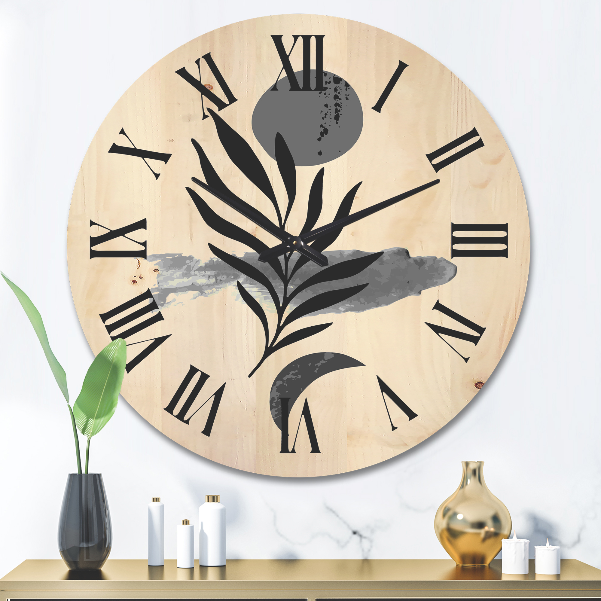 Designart 'Abstract Black Tropical Leaf II' Modern Wood Wall Clock