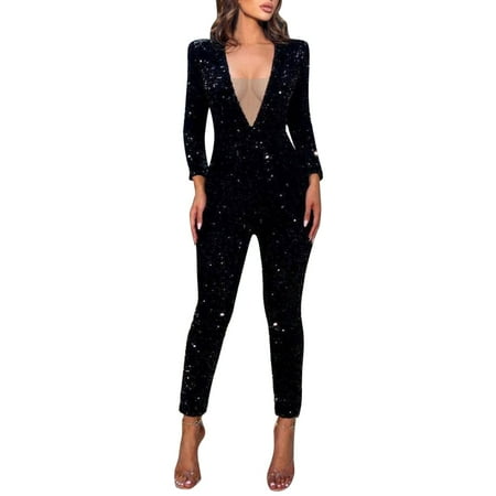 Riforla Womens Black Sequin V Neck Sexy Pack Hip Bodysuit Jumpsuit Jumpsuits for Women Black XL