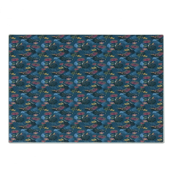 Hawaiian Cutting Board, Dark Tropical Pattern with Exotic Forest Elements Jungle Flowers and Leaves Print, Decorative Tempered Glass Cutting and Serving Board, in 3 Sizes, by Ambesonne