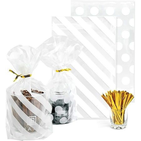 

100pcs Gusseted cellophane Bags White Polka Dot Cookie Bags and Striped Plastic Candy Bags (Size 5 x8 x1.8 ）with Gold Twist Ties Best Gusset Bag for Presenting Packaged Treats Candy Popcorn etc.