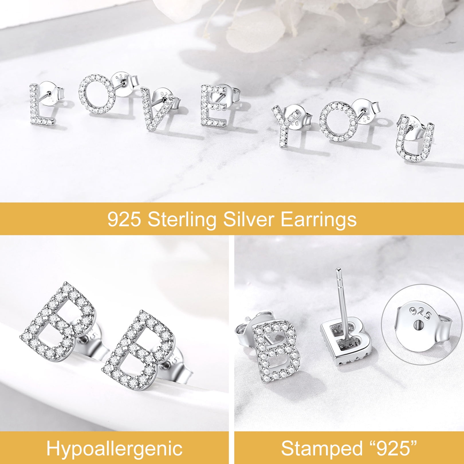 FOCALOOK Crystal Initial Stud Earrings for Women 925 Sterling Silver Hypoallergenic Dainty Tiny Letter S Sparkly Bling Cubic Zirconia Earrings Jewelry Gift