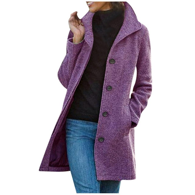 Pompotops Women's Solid Color Pocket Woollen Coat Recreational Long Sleeve Tops Clearance
