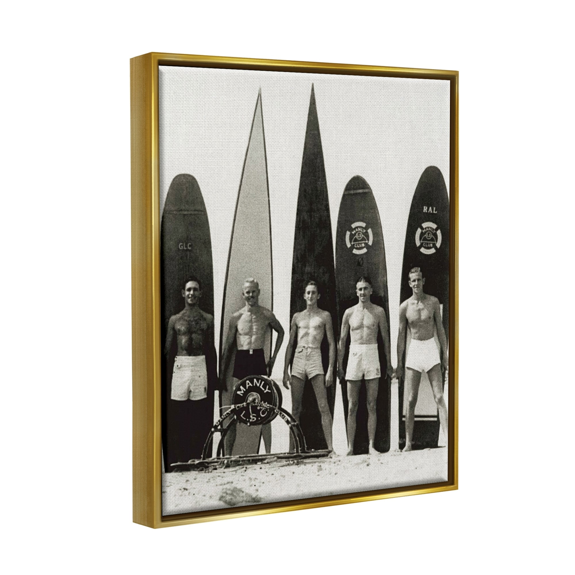 Stupell Industries Vintage Photography Men Surfer Surfboards Beach Sport Photograph Metallic Gold Floating Framed Canvas Print Wall Art, Design by Graffitee Studios