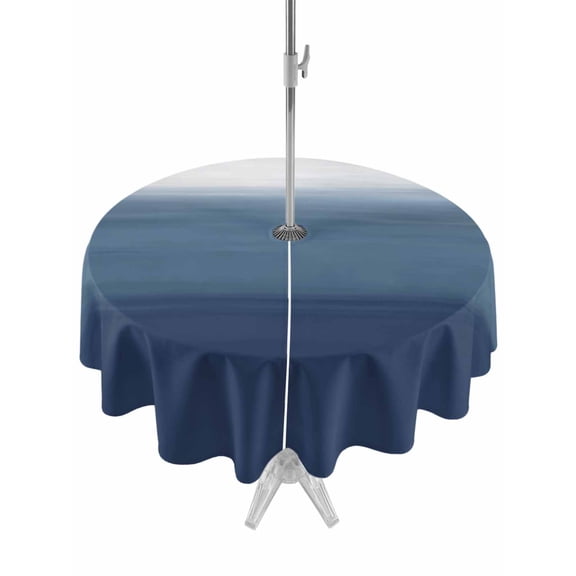 Outdoor Tablecloth with Umbrella Hole and Zipper, Navy Blue Ombre Round Table Cloth 54 Inch Waterproof Tablecloth, Modern Abstract Art Texture Picnic Table Cover for Patio Camping