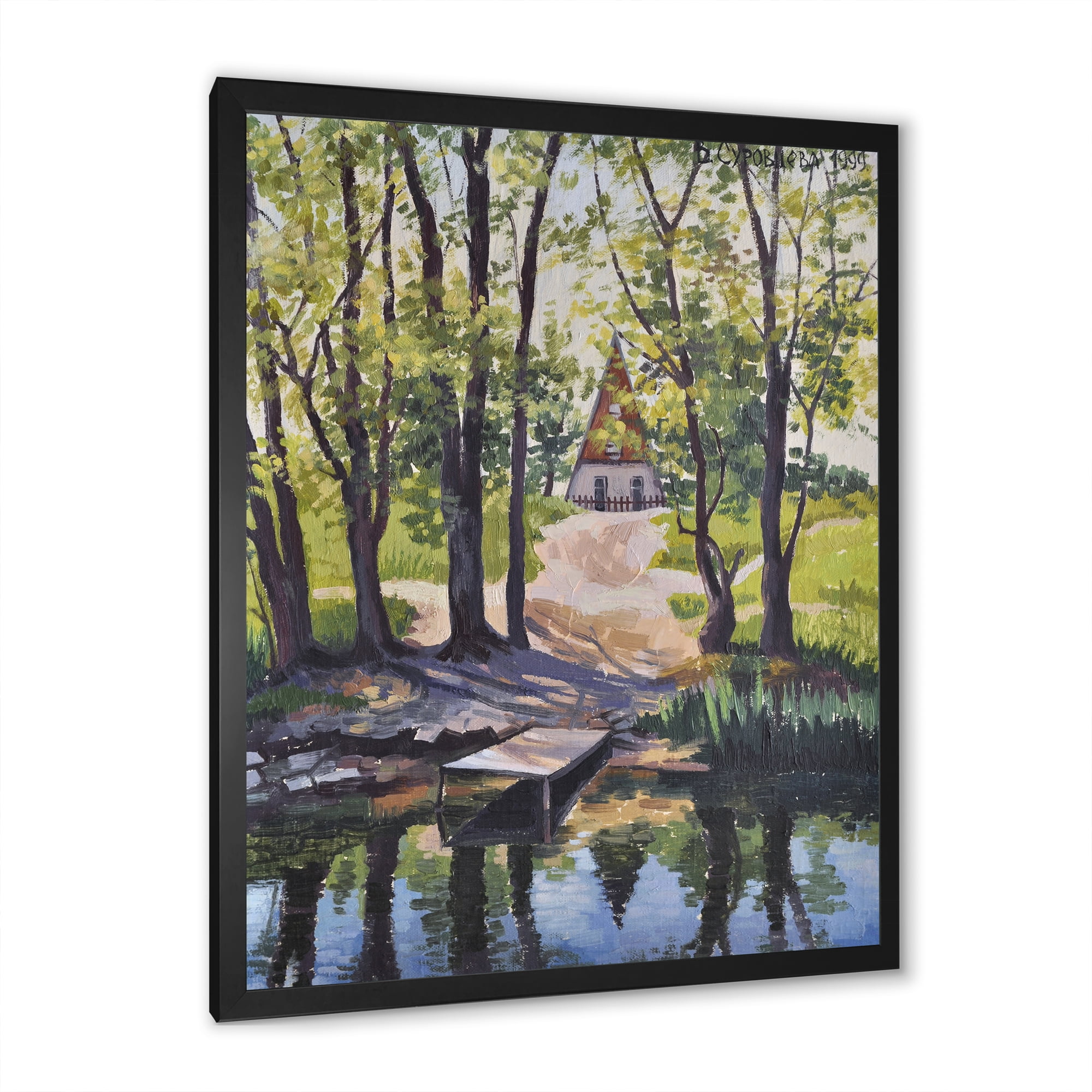 Designart 'Mysterious Countryside House By The River In The Woods' Lake House Framed Art Print
