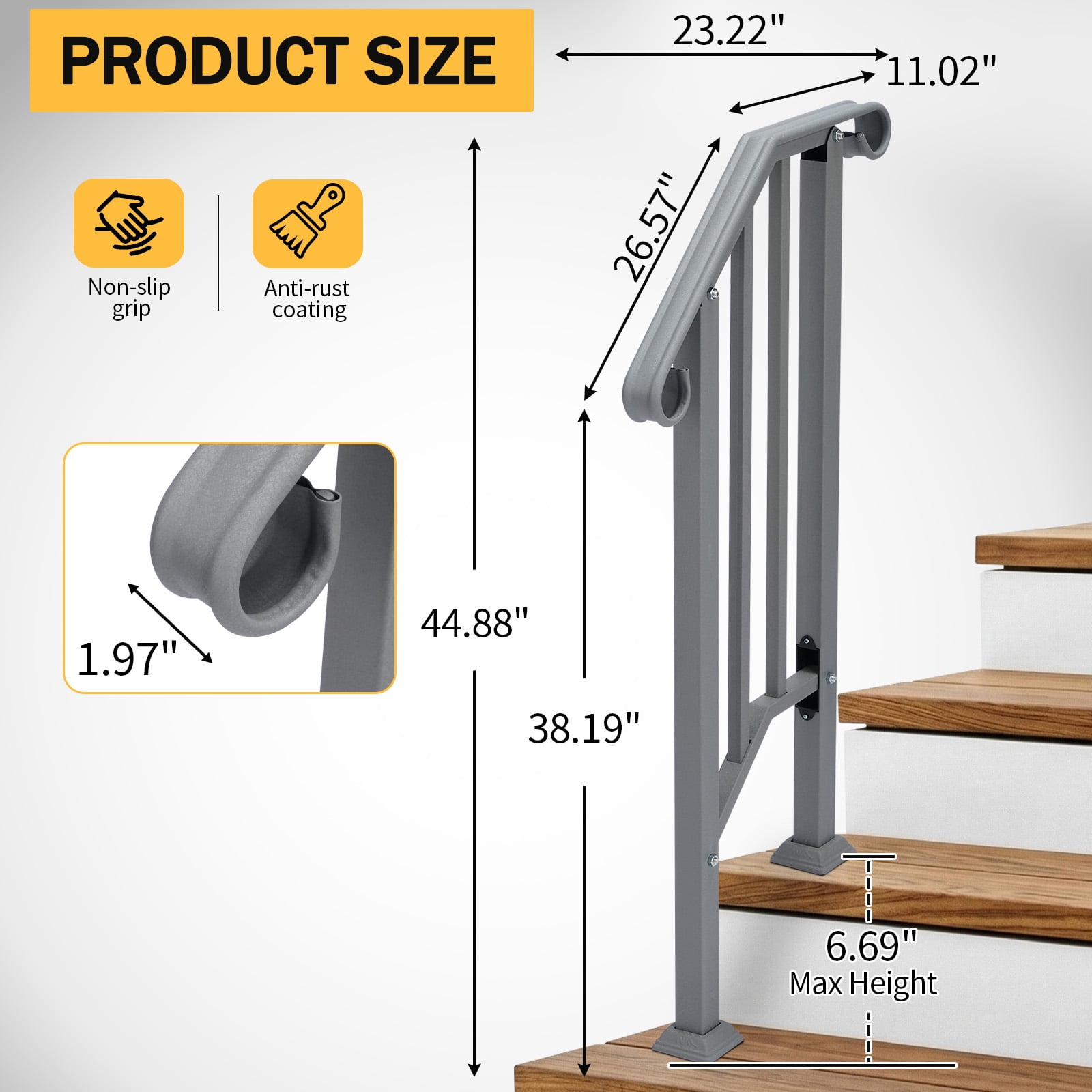 Silver Galvanized Iron Single Step Outdoor Stair Handrail Weather Resistant Anti-Rust Porch Step Safety Railing With Full Installation Hardware