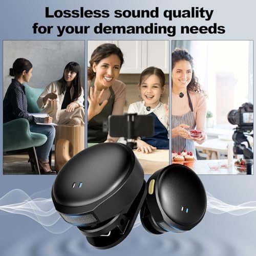 Wireless Lavalier Microphone System with Charging Case, 1 Click Noise Canceling, 2.4GHz ISM for 12Hrs Uncompressed Audio Lapel Mic Compatible with iPhone, Android,PC, Camera$$Music