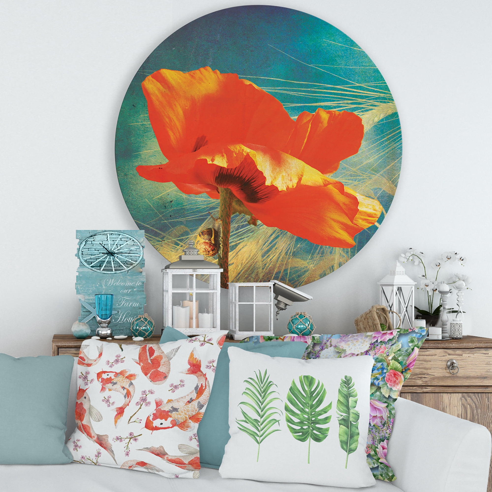 Designart 'Ancient Grunge Poppy' Traditional Circle Metal Wall Art 36x36 - Disc of 36
