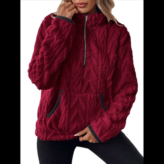 Suéter de Larga con Cremallera de un Cuarto para Mujer, Sudadera de Forro con Capucha, Sudaderas con Solapa, Suéteres Cálidos con Bolsillos. Vino Tinto L