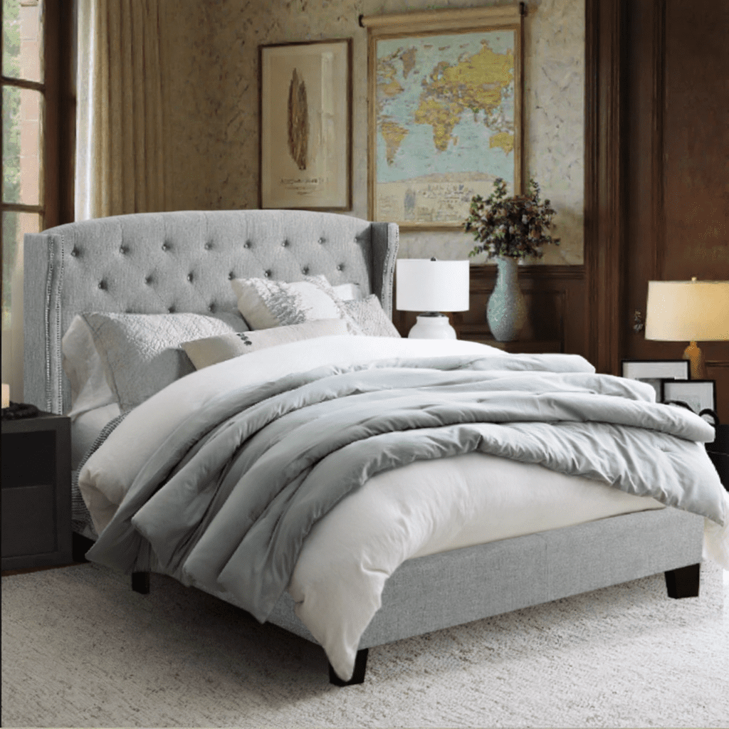 BSHTI Modern Twin Size Metal Platform Bed Frame with Upholstered Headboard and wood slats support for Livingroom