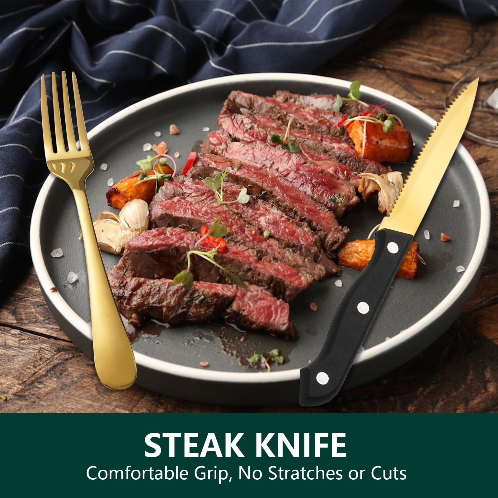 Koomade 24 Pieces Flatware Set For 4, with Steak Knives, Stainless Steel Cutlery Set, Mirror Polished, Tableware Utensils for Home Kitchen Restaurant Hotel, Dishwasher Safe, Gold