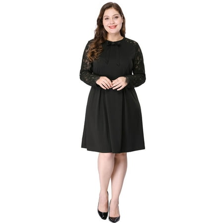 Knee Deep Black Lace - Women's Plus Size Above Knee Semi Sheer Lace Panel Dress Black