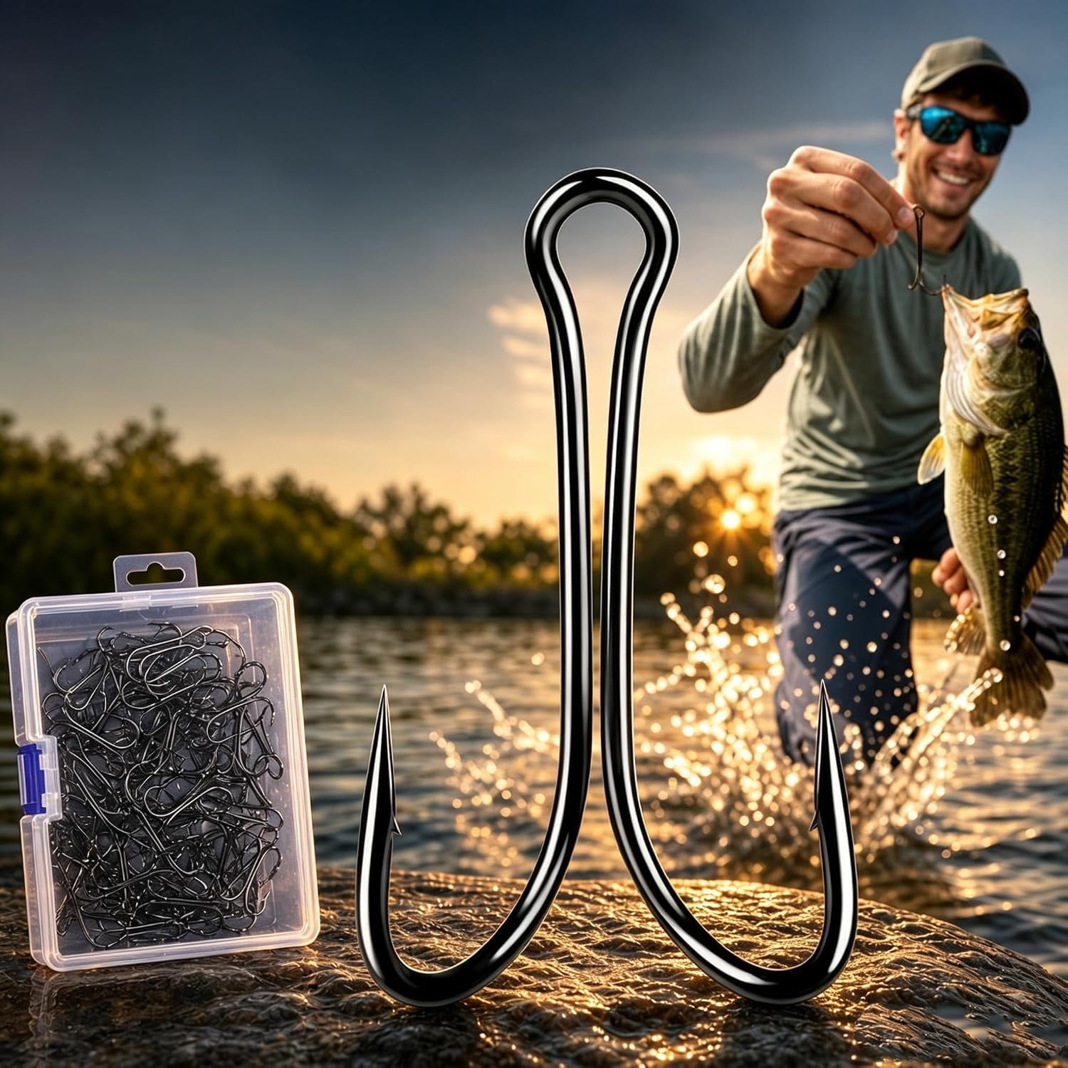 50-Pack Double Frog Hooks of Sizes 1/0 2/0 3/0 4/0 and High-Carbon Steel Barbed Hooks for Bass Fishing