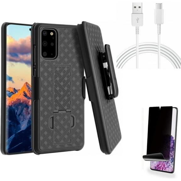 Case Belt Clip w 10ft USB-C Cable w Privacy Screen Protector for Samsung Galaxy S20 Plus - Holster Swivel Cover, Type-C Charger Cord Power, TPU Film [NOT GLASS] [Fingerprint fits Galaxy S20 Plus