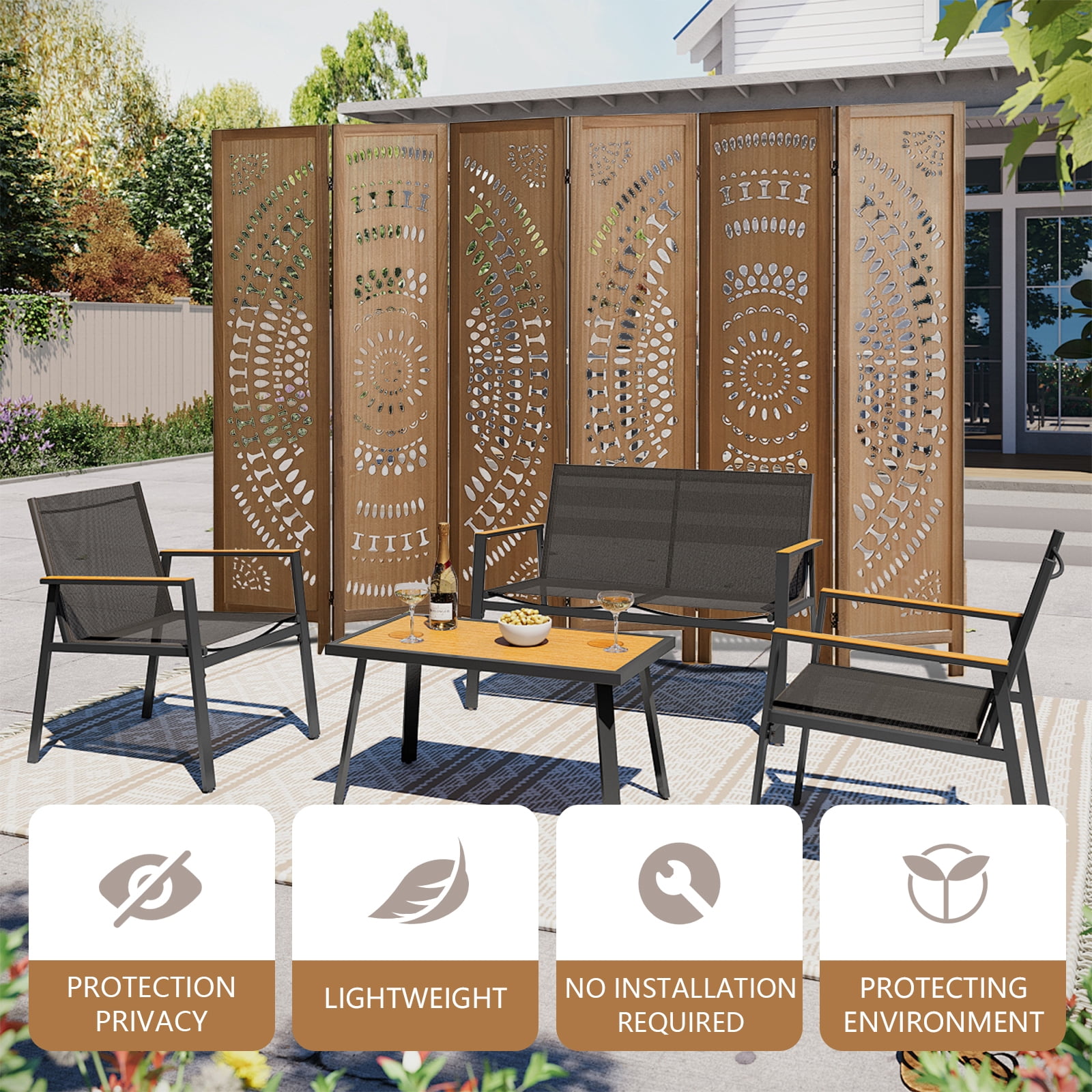 Aletheiawu 6 Panel Wood Carved Room Dividers and Folding Privace Screens, No Installation, Brown