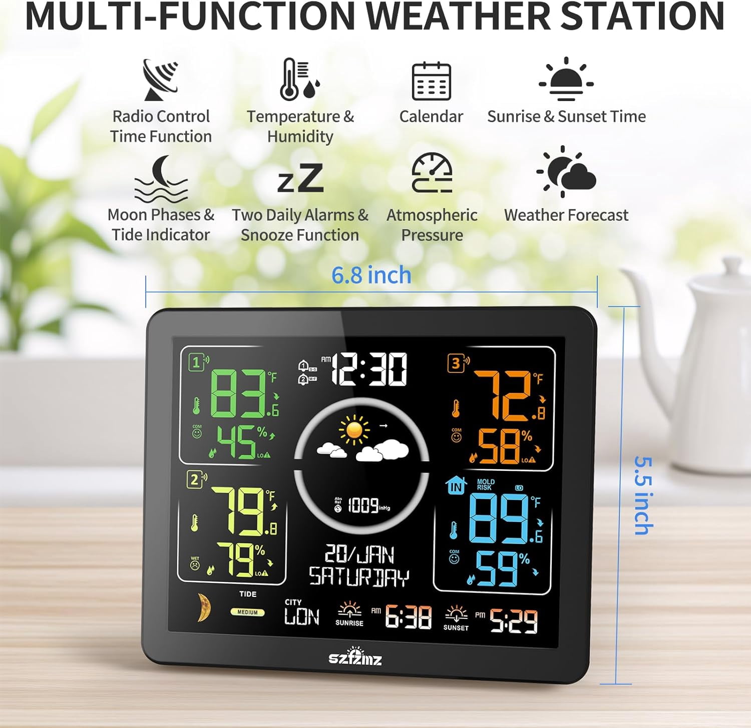 Weather Station Indoor Outdoor Thermometer Wireless with Multiple Sensors, VA Color Display Atomic Clock, Weather Forecast, Temperature, Humidity, and Adjustable Backlight