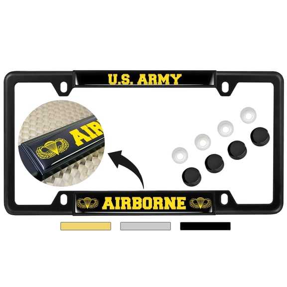 [Officially Licensed Product] - U.S. Army Airborne (Black & Yellow Text) - Domed Custom-Made Personalized Narrow (Thin) Top 4 Hole Metal Car License Plate Frame with Free caps - Black (Qty: 1 Frame)