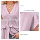 thumbnail image 5 of Camisa informal de verano con escote en V, mangas cortas, detalle de lazo y botones en la cintura, top con volantes y estampado de lunares morados XXL, 5 of 6