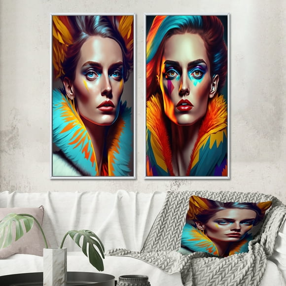 Designart "Vibrant Sensual Woman in Fur II" Woman Sensual Framed Wall Art Set Of 2 - Multicolor Fashion Gallery Wall Frame Set For Home Decor