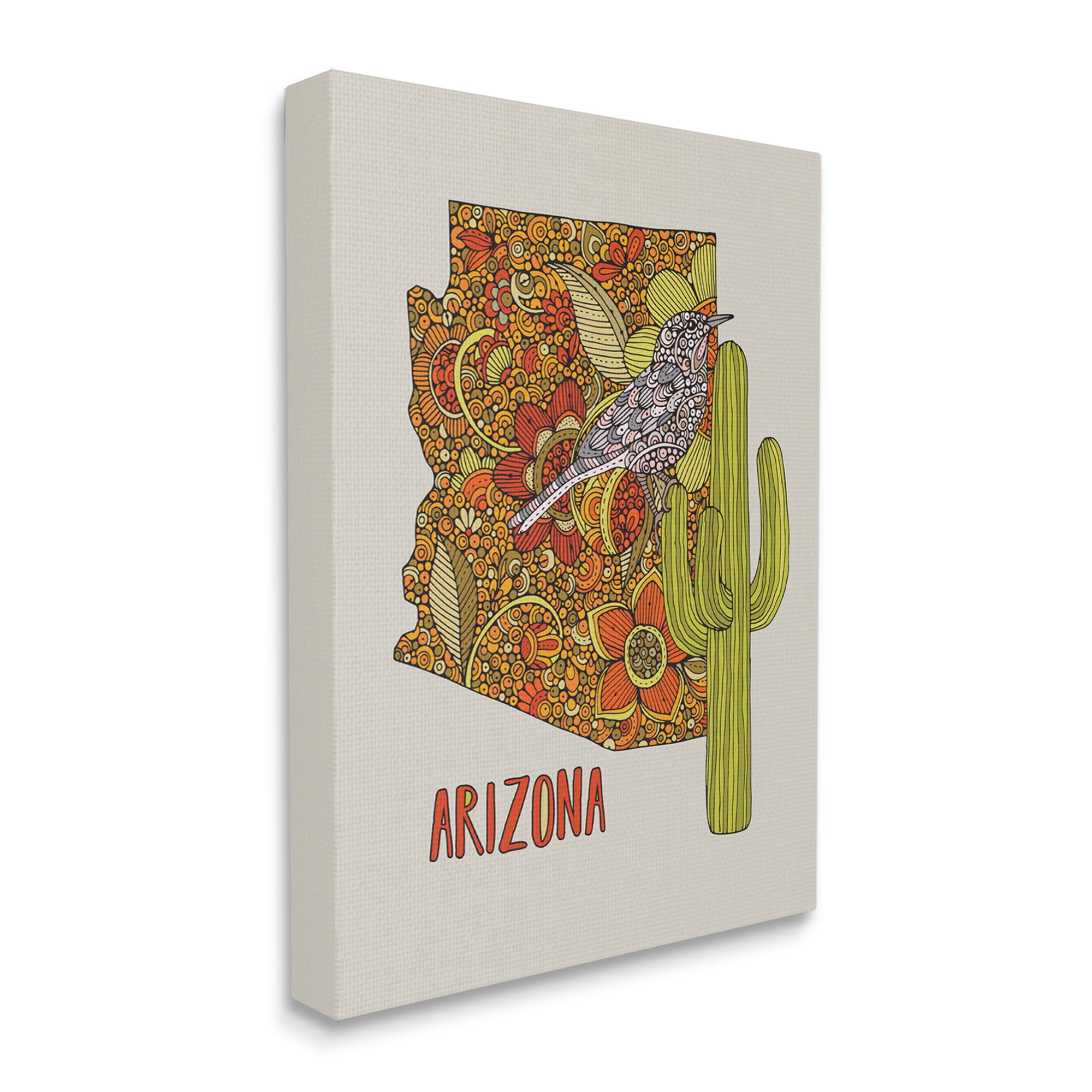 Stupell Industries Arizona State Bird Detailed Cactus Floral Pattern Graphic Art Gallery Wrapped Canvas Print Wall Art, Design by Valentina Harper