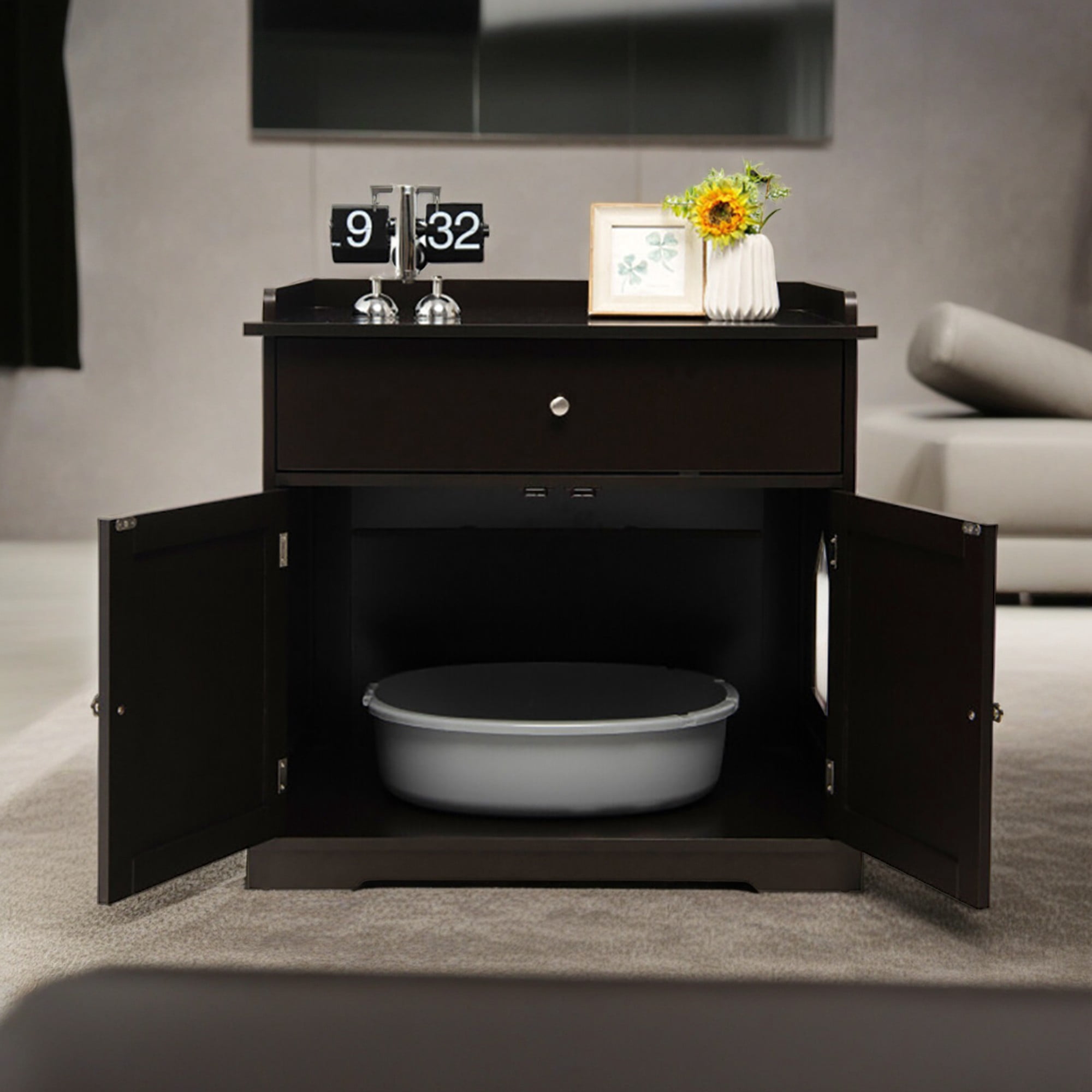 resenkos 30" Wooden Cat Litter Box Enclosure Furniture with Drawer, Hidden Cat Washroom Indoor Cat House Pet Crate, Brown