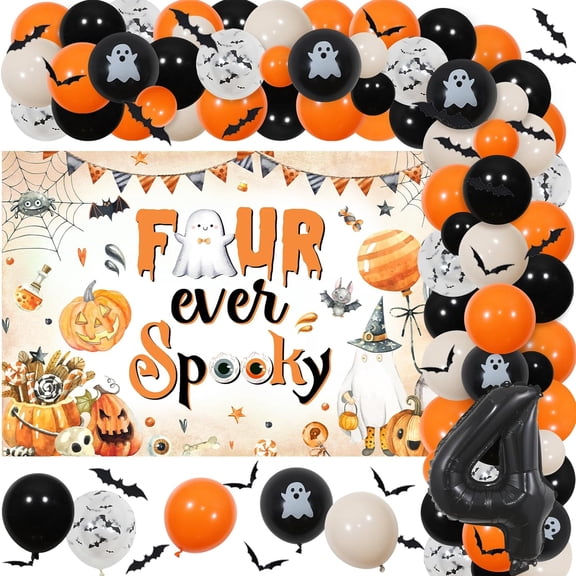 Halloween 4th Birthday Party Decorations, Four Ever Spooky Birthday Decorations - Orange and Black Balloon Garland Arch Kit with Backdrop, 3D Bat Wall Stickers, Halloween Spooky Decorations