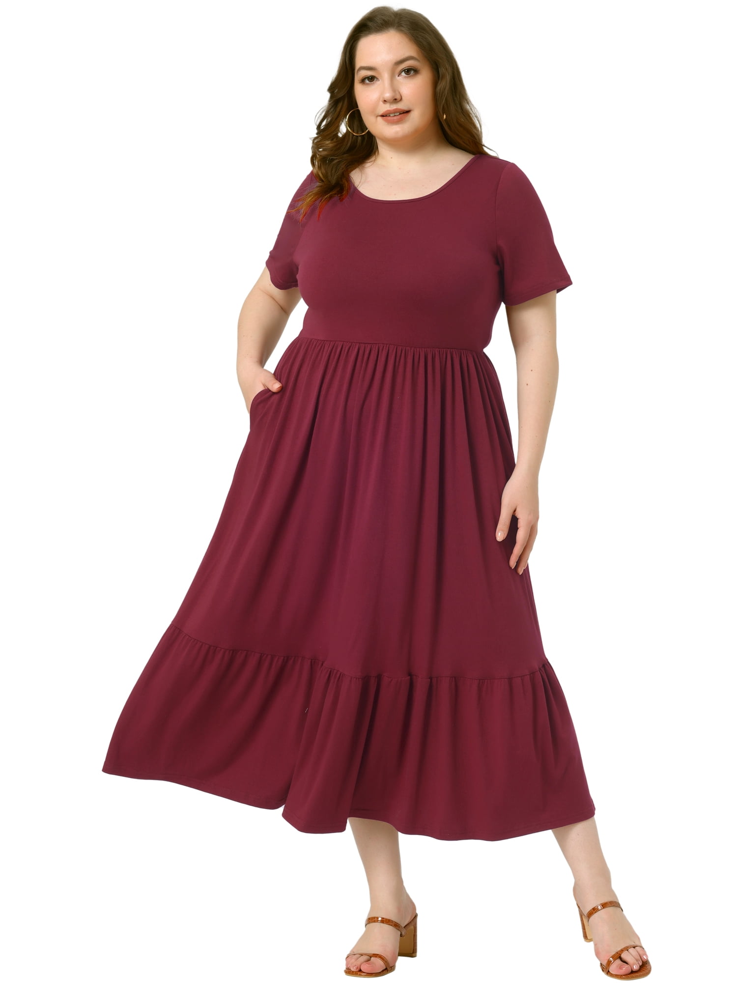 DARING DIVA Plus Size Short Sleeve Crew Neck Flowy Maxi T-Shirt Dress 2X Dark Red