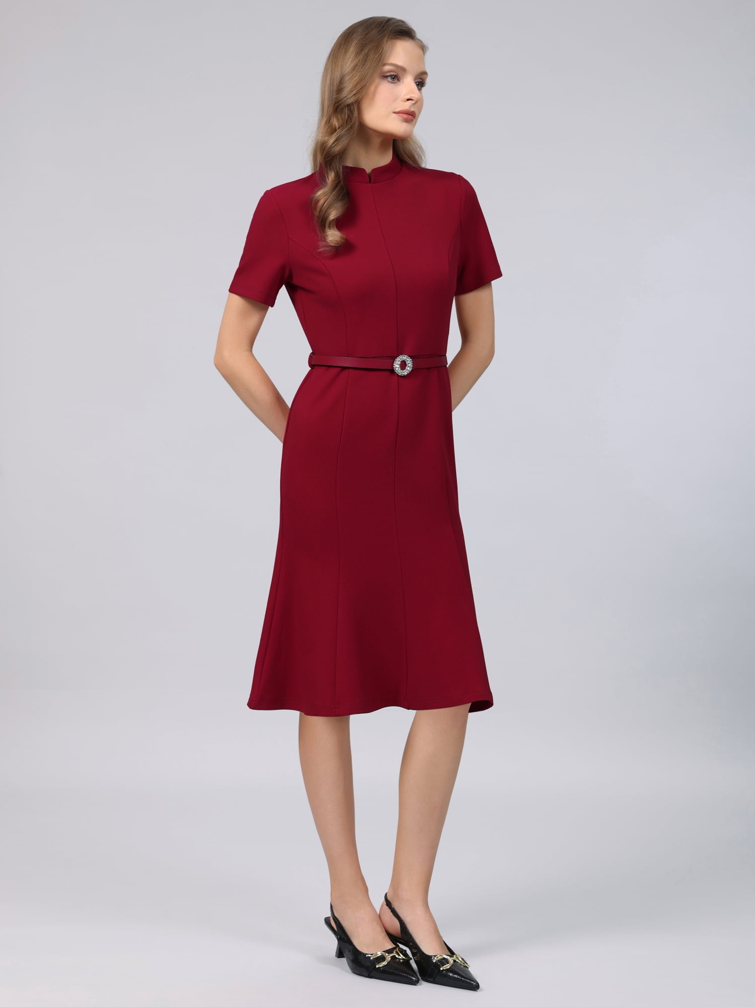 DARING DIVA Women's Vintage Mock Neck Short Sleeve Fishtail Dress L Dark Red