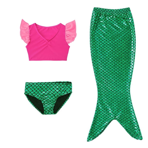 thosestan Mermaid Girls Bathing Suit 3Pcs Sequin Top, Bikini Bottoms Fish Tail Swimsuit Kids Beach Pool Swimwear 3-12Y