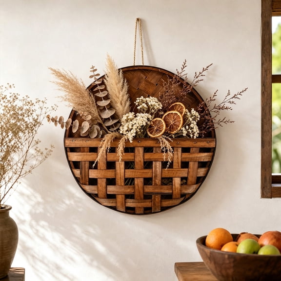 ZENVIVE Rustic Wooden Wall Planter, 15 Inch Tall Handwoven Hanging Storage Pocket, Display Dried Flowers Faux Greenery in Living Room Bedroom Entryway