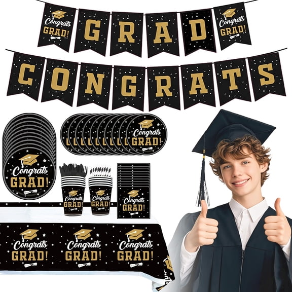 Black Gold Graduation Party Supplies Set for 20 Guests – Class of 2026 Disposable Tableware Kit with Plates, Cups, Napkins, Banner and Tablecloth, Graduation Party Decorations