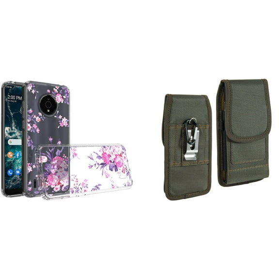 Case and Pouch Bundle for Nokia C200: Slim Series TPU Protector Case (Pink Flowers) and Vertical Rugged Nylon Belt Holster (Midnight Green)