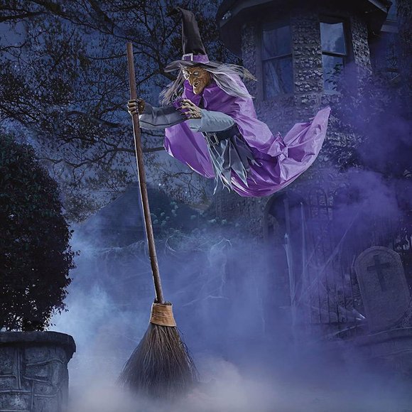 BKER Witch Decorations Halloween 6 FT Scary Flying Witch Decorations Animatronics Halloween Props with Scary Sounds and Lights Decorations for Outside Indoor Garden Yard